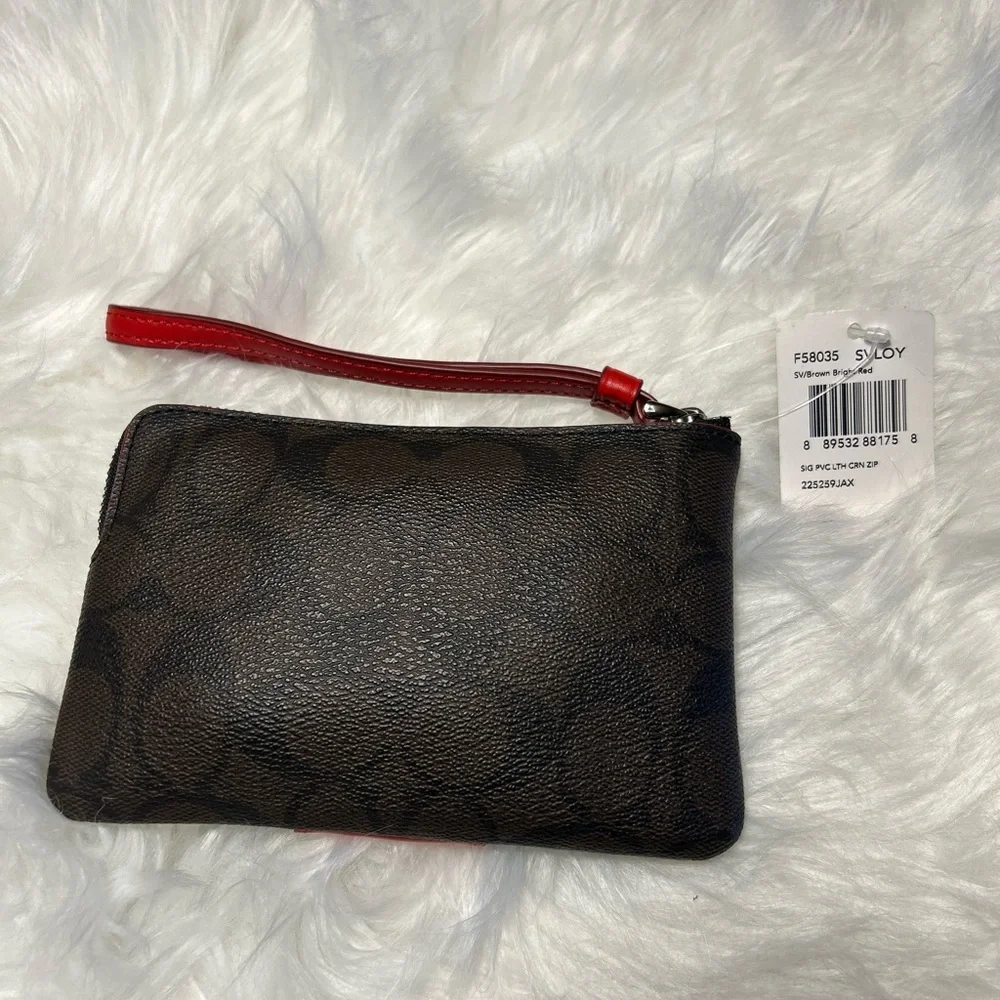 Coach Signature brown & red stripe Zip Wristlet New With Tags.  C - Picture 3 of 13